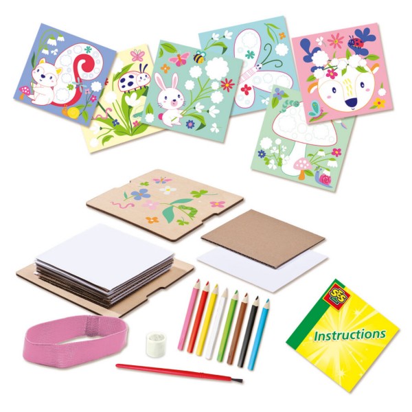 Wooden flower press kit featuring animal illustration cards, 8 colored pencils, a pink elastic band, and art paper.