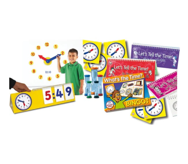 Educational kit featuring yellow clocks, sand timers, a bingo game, and colorful spiral-bound activity books.