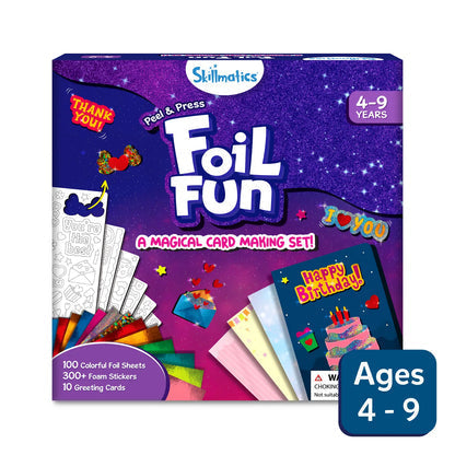 Purple Skillmatics Foil Fun box with rainbow foil sheets, foam stickers, and sample greeting cards.