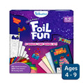 Purple Skillmatics Foil Fun box with rainbow foil sheets, foam stickers, and sample greeting cards.