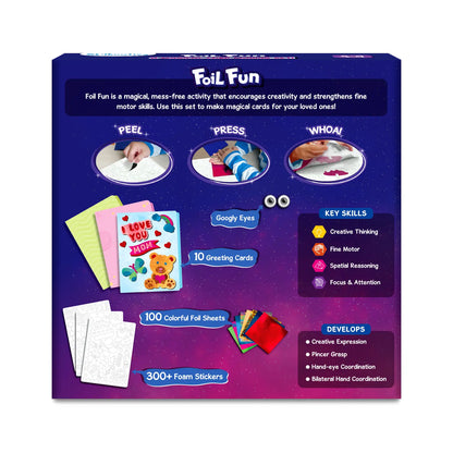 Back of purple box for Foil Fun art kit showing step-by-step photos, greeting cards, foil sheets, and foam stickers.