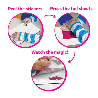 Three steps show peeling a sticker, pressing pink foil, and revealing a shiny pink shape on a white card.