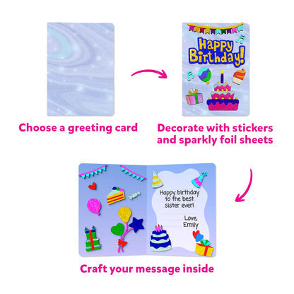 Three steps show a blue marbled card decorated with colorful foil stickers and a personal message inside.