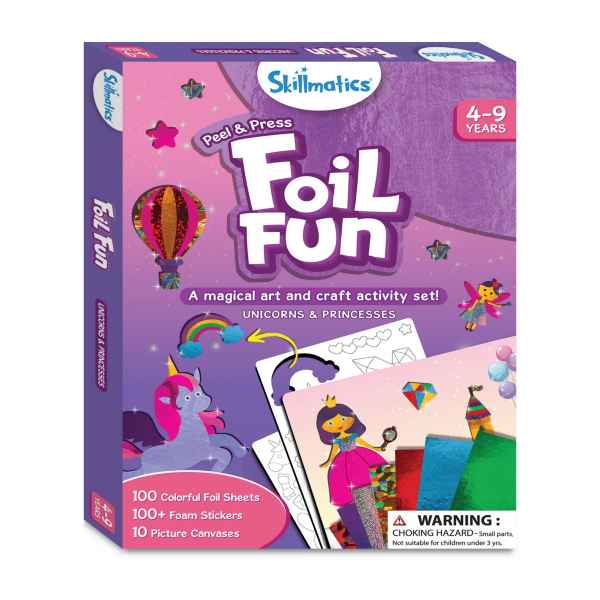 Purple Skillmatics Foil Fun box featuring a pink unicorn, a princess, and colorful foil sheets for ages 4 to 9.