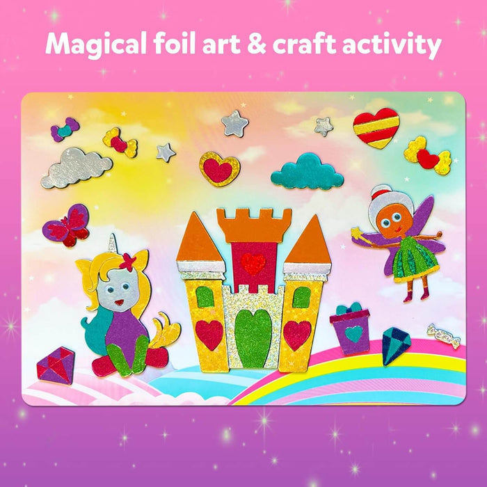 Colorful foil art activity with a yellow unicorn, castle, and fairy decorated with shimmering stickers on a rainbow.