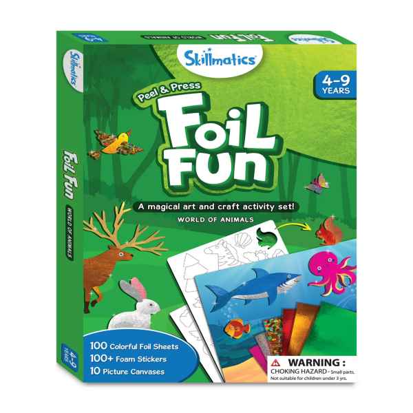 Green box for Skillmatics Foil Fun animal craft kit, featuring colorful animal illustrations, foil sheets and stickers.