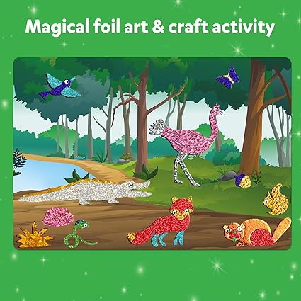 Illustration of a forest scene with colorful, foil-decorated animals including a fox, alligator, bird, and ostrich.
