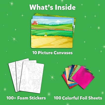 What's Inside: 10 illustrated canvases, 100+ white foam animal stickers, and 100 vibrant multi-colored foil sheets.