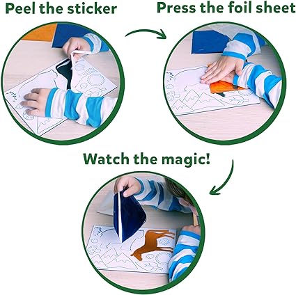 Three steps show a child peeling an animal sticker, pressing a foil sheet, and revealing a shiny orange animal design.