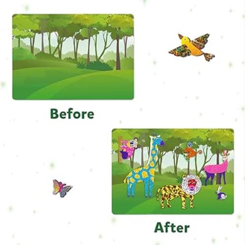 Before and after images showing a plain forest scene filled with vibrant, foil-patterned animal stickers.