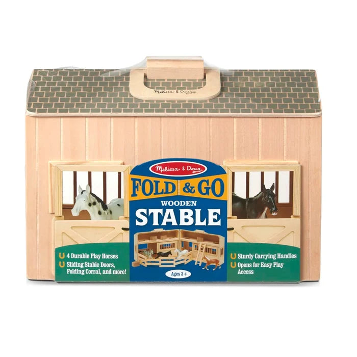 Light wood toy horse stable with grey shingled roof, handle, and packaging featuring horses peeking out windows.