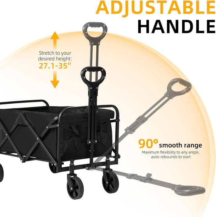 ECOTREK foldable wagon beach cart trolley with large wheels and compact design for easy transport on sand and paved surfaces.