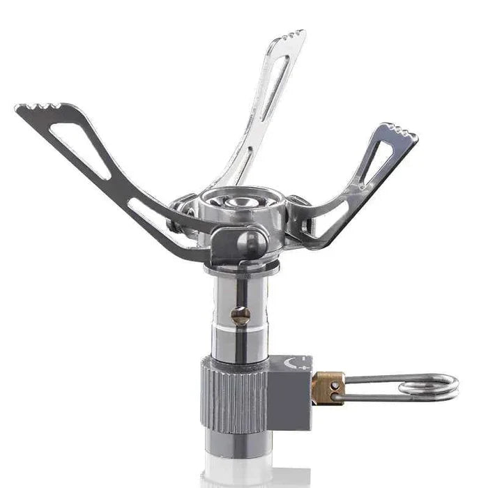 Mead's Supply & Equipment Outfitters stainless steel folding camping gas stove, ultra-light portable backpacking burner.