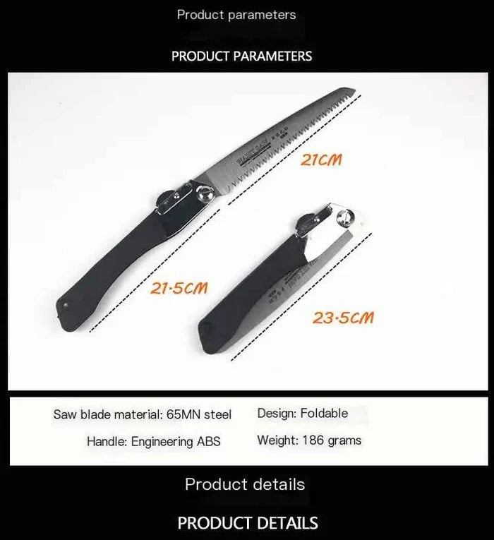 Mead's Supply & Equipment Outfitters folding hand saw for outdoor gardening and woodworking, with a 210mm blade for pruning and outdoor tasks.