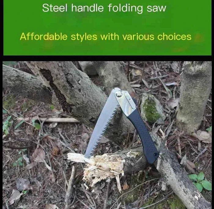 Portable Mead's Supply & Equipment folding hand saw for garden pruning and woodworking, featuring a compact and folding design.