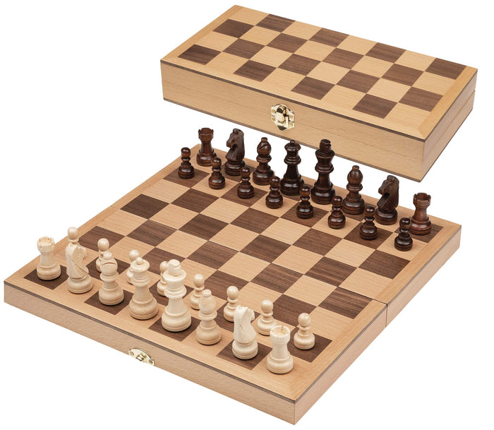 Wooden chess set with light and dark pieces on an open folding board that doubles as a storage case.