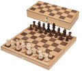 Wooden chess set with light and dark pieces on an open folding board that doubles as a storage case.