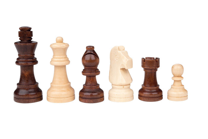 Six wooden chess pieces in alternating dark and light wood finishes, arranged by height on a white background.