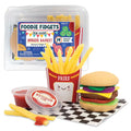 Sensory toy burger, yellow fries in a red carton, and red ketchup slime shown with clear plastic retail packaging.