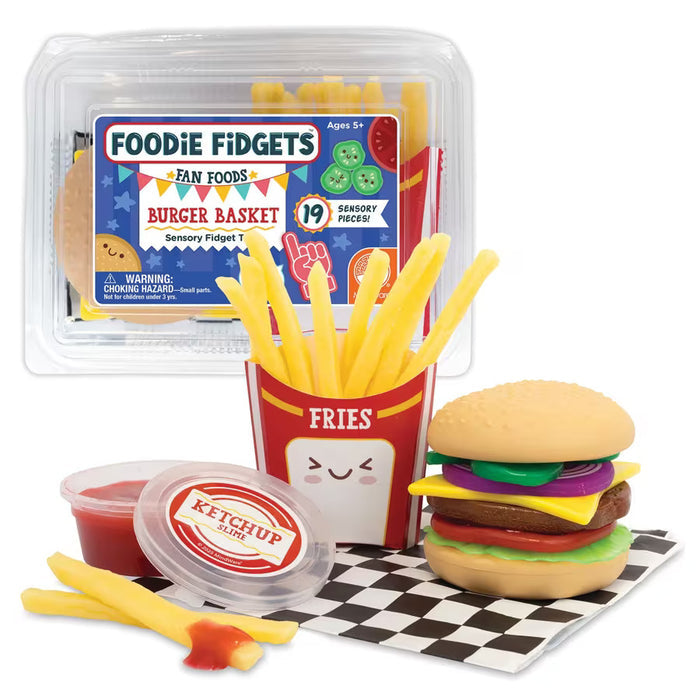 Sensory toy burger, yellow fries in a red carton, and red ketchup slime shown with clear plastic retail packaging.