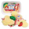 Nacho sensory toy set with beige round chips, a red chili, green lime, and yellow slime dip on red checkered paper.