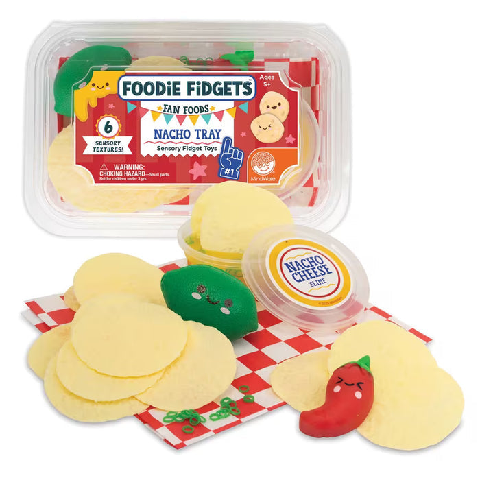 Nacho sensory toy set with beige round chips, a red chili, green lime, and yellow slime dip on red checkered paper.