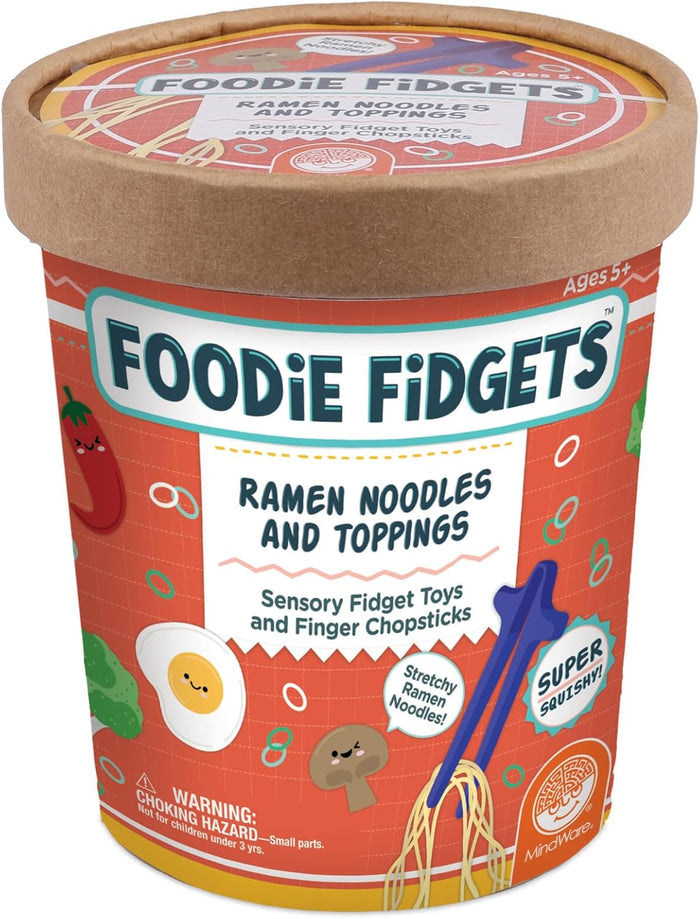 Cardboard Foodie Fidgets ramen tub featuring colorful cartoon food graphics and blue finger chopsticks.