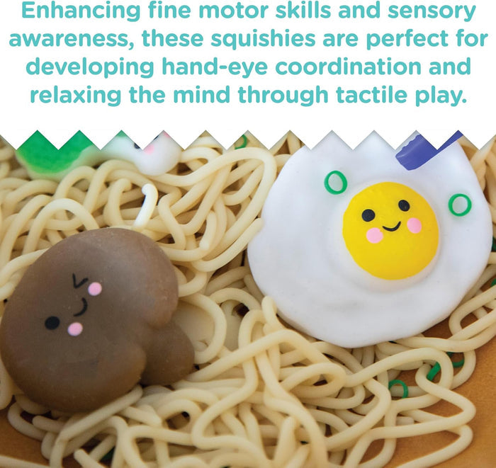 Realistic beige toy noodles with smiling brown mushroom and fried egg squishies, and green scallion rings.