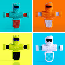 Four colorful robot-shaped foosball figures in teal, orange, lime, and white against vibrant, solid backgrounds.