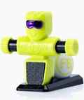Neon yellow toy robot figure with a purple visor and black side handles, standing on a black base.
