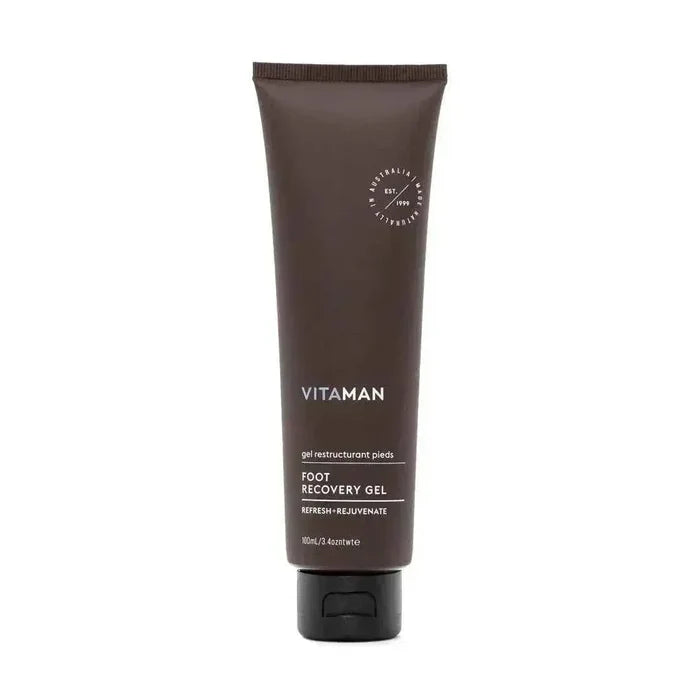 VITAMAN Australia foot recovery gel applied to feet, soothing body skincare product for refreshing and revitalizing skin.