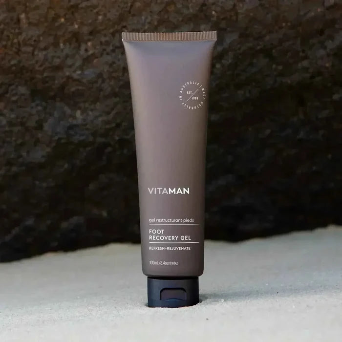 VITAMAN Australia Foot Recovery Gel applied on the foot, showcasing a soothing body gel formula for revitalizing tired feet.