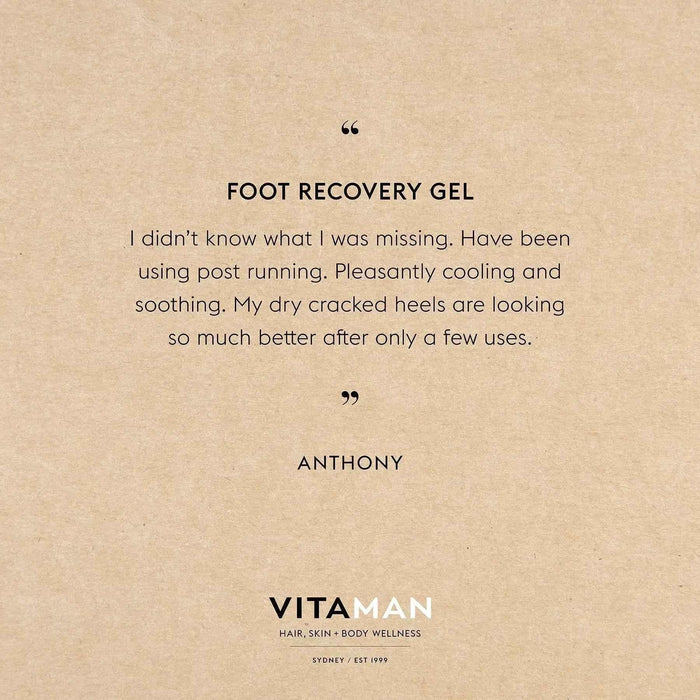VITAMAN Australia Foot Recovery Gel applied on feet, natural body skincare product for soothing and revitalizing skin.