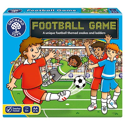 Blue box showing a cartoon football match on a green field with a scoreboard title and diving goalkeeper.