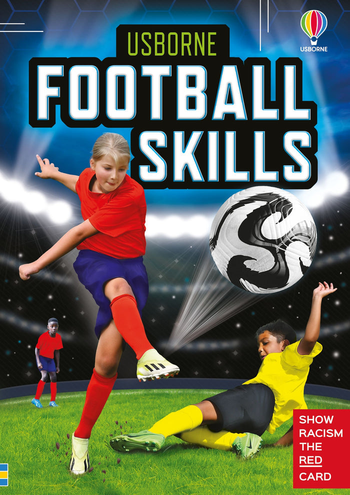 Book cover for Usborne Football Skills showing a girl in a red jersey kicking a soccer ball in a night stadium.