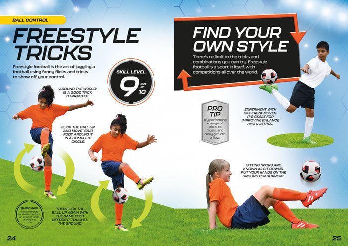 A double-page spread from a football skills book showing children performing freestyle tricks with diagrams and tips.