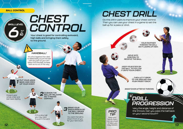 Instructional book spread showing children demonstrating soccer chest control and partner drills on a blue background.