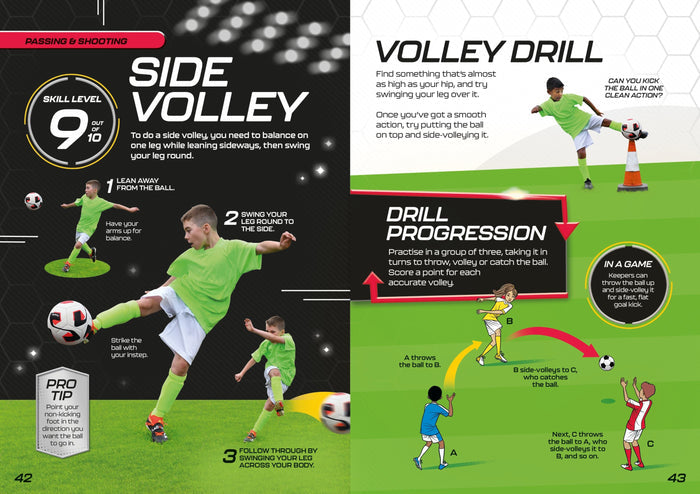 Football training guide pages showing side volley steps with action photos of a boy and a practice drill diagram.