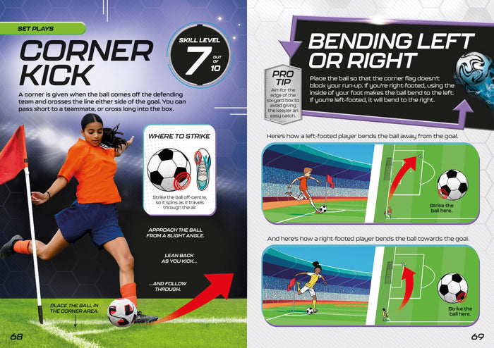 Football skills book pages on corner kicks with colorful diagrams, player photos, and curving shot techniques.