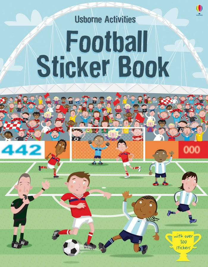 Cartoon book cover of a football match with players, fans, a referee, and a yellow trophy icon for over 300 stickers.