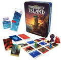 Forbidden Island tin game box with tropical art, island tiles, cards, water meter, pawns, and treasure figurines.