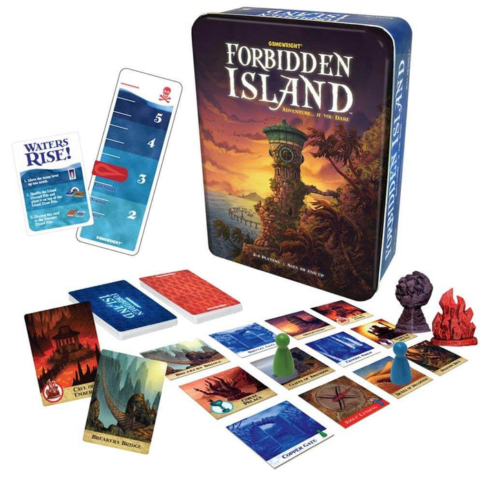Forbidden Island tin game box with tropical art, island tiles, cards, water meter, pawns, and treasure figurines.