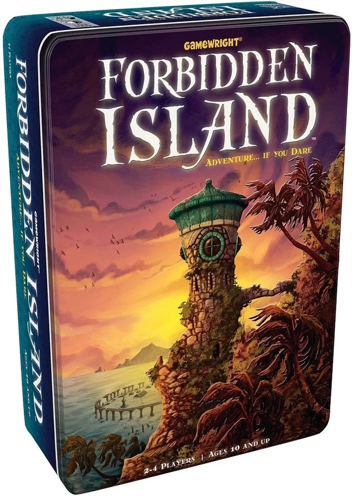 The game box for Forbidden Island by Gamewright, featuring a colorful illustration of a lighthouse on a tropical island at sunset, with the game title in large white letters on the front and blue side panels.
