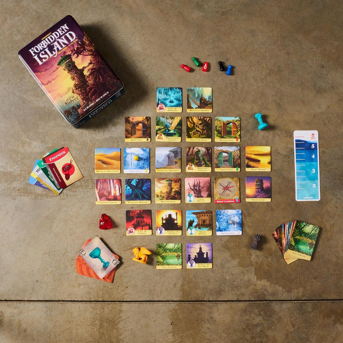 Board game components including cards and pieces on a textured surface