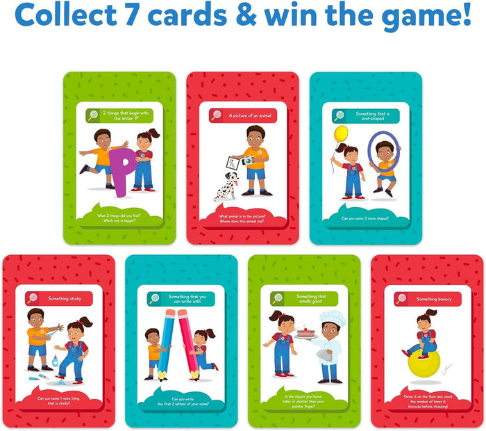 Seven colorful game cards with scavenger hunt prompts and illustrations of children finding household items.