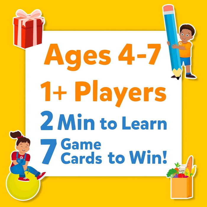 Yellow graphic shows game info: Ages 4-7, 1+ Players, 2 Min to Learn, 7 Cards to Win. Cartoon kids frame the text.