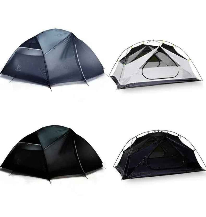 Four-season double layer camping tent by Mead's Supply for 2-3 persons, featuring waterproof fabric and aluminum poles.
