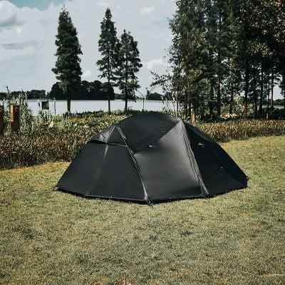 Black four-season double-layer camping tent for 2-3 persons with aluminum poles, waterproof design by Mead's Supply & Equipment.