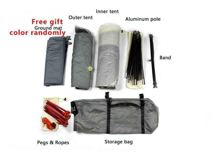 Four Season Double Layer Camping Tent by Mead's Supply for 2-3 people, waterproof with aluminum poles, suitable for all seasons.