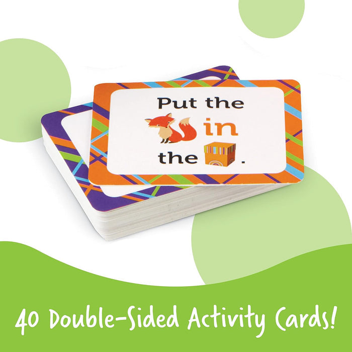 Stack of 40 double-sided activity cards featuring a red fox and box illustration with instructional text.